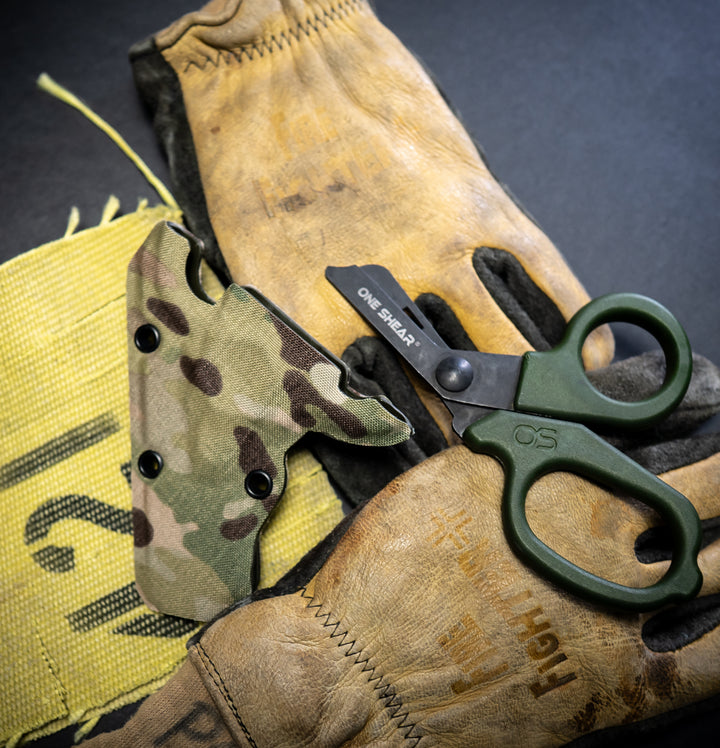 Olive Drab MINI Compact EMT and First Responder Shears Kydex Holdter – Multicam 500D | ONE SHEAR®
