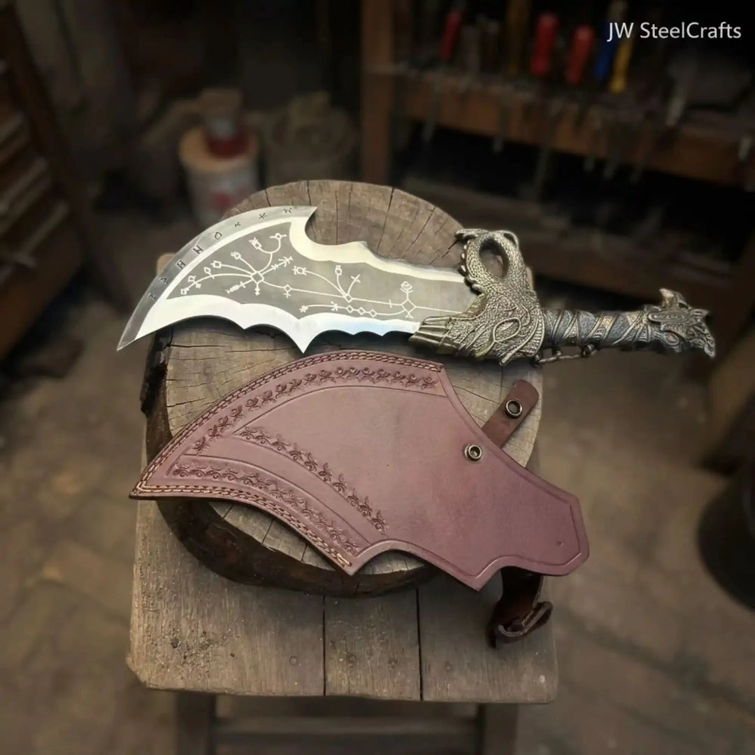 Blades of Chaos Replica Inspired Crescent Blade With Leather Sheath