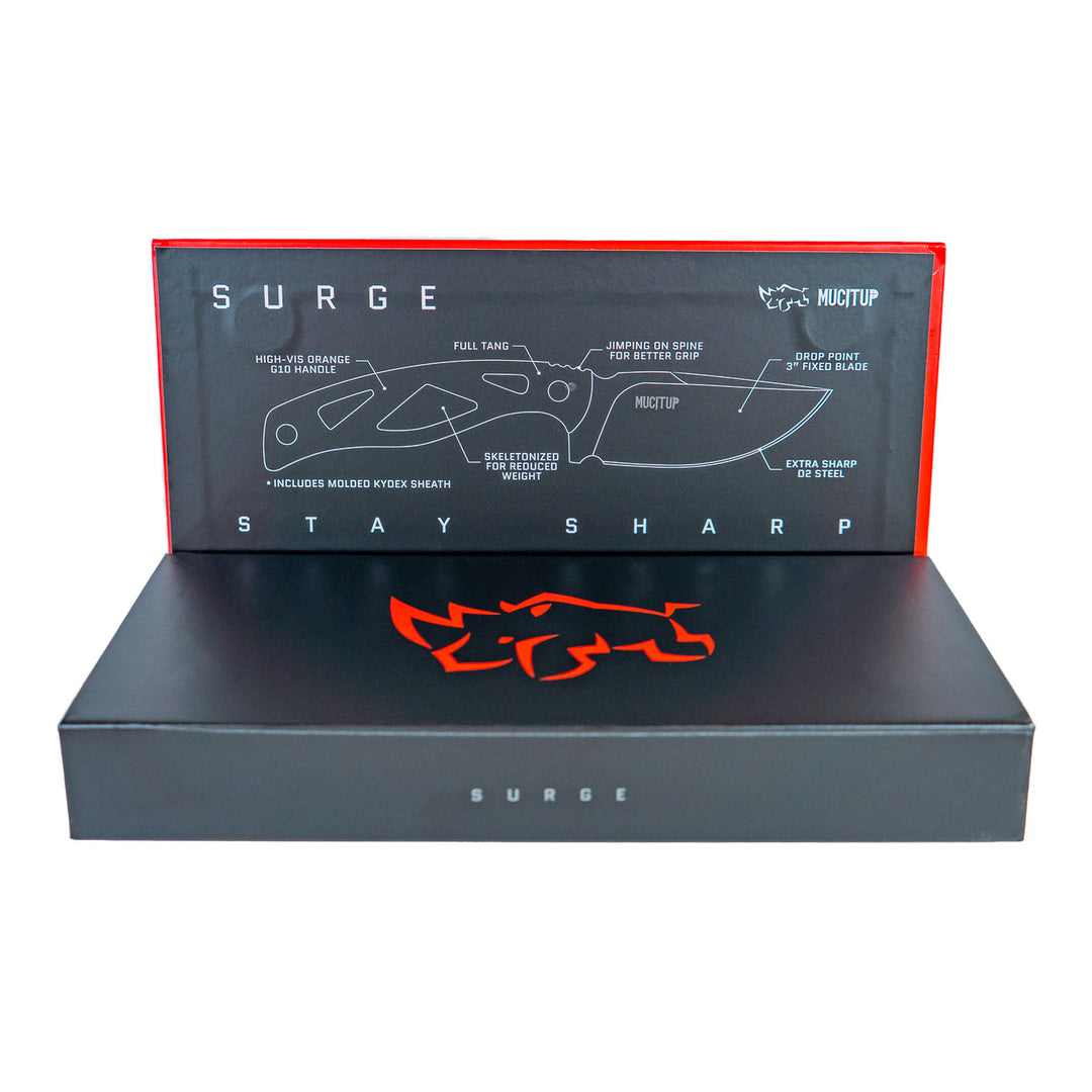 MUCITUP MUCTAC Surge Fixed Blade Knife D2 Steel 3" Blade G10 Handle + Kydex Sheath